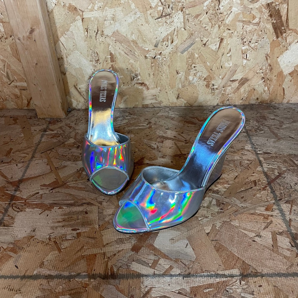Paris Texas Wedge Mules Womens 39.5 Silver Holographic Iridescent Open Toe Italy